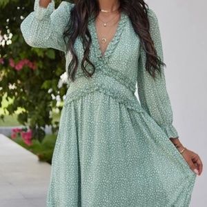 All Over Print Deep V-neck Ruffle Hem Dress